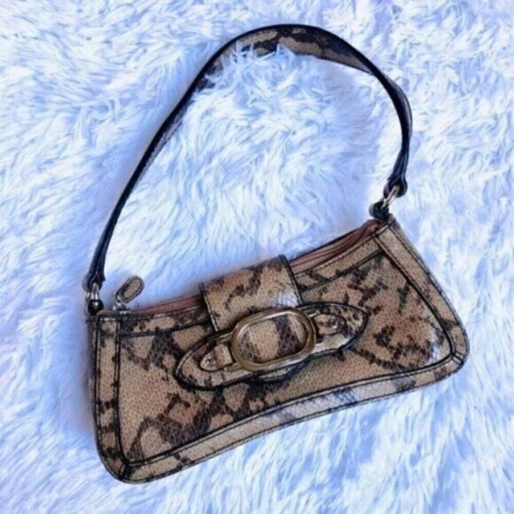 2000s Shoulder Bag Snake Animal Print Vintage Vinyl Buckle Natural Neutral Purse - Picture 1 of 4